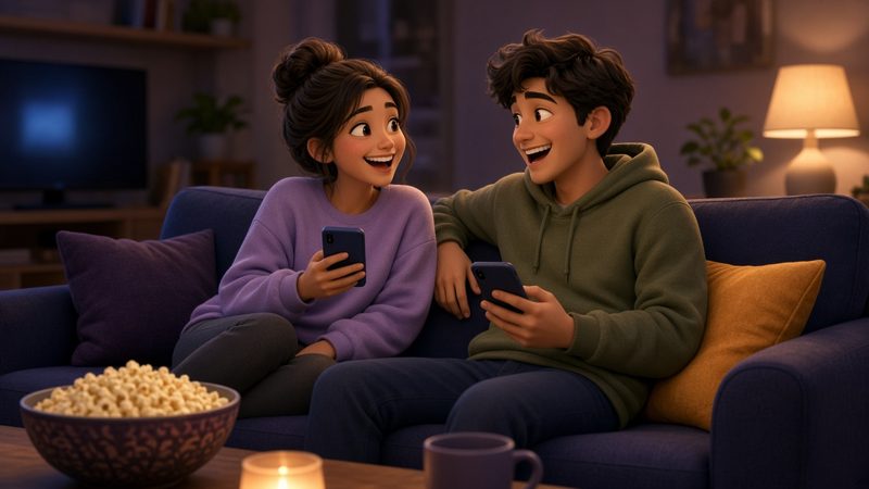 Couple talking on the couch after watching a movie at home