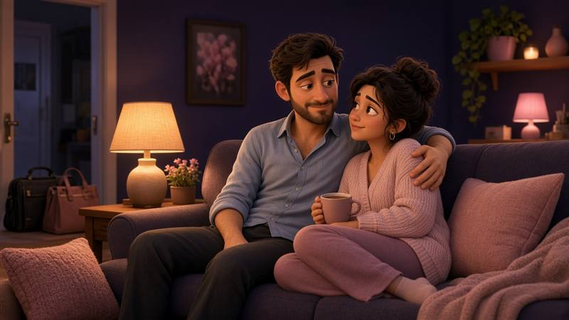 Tired couple sharing an after-work date night at home on the couch