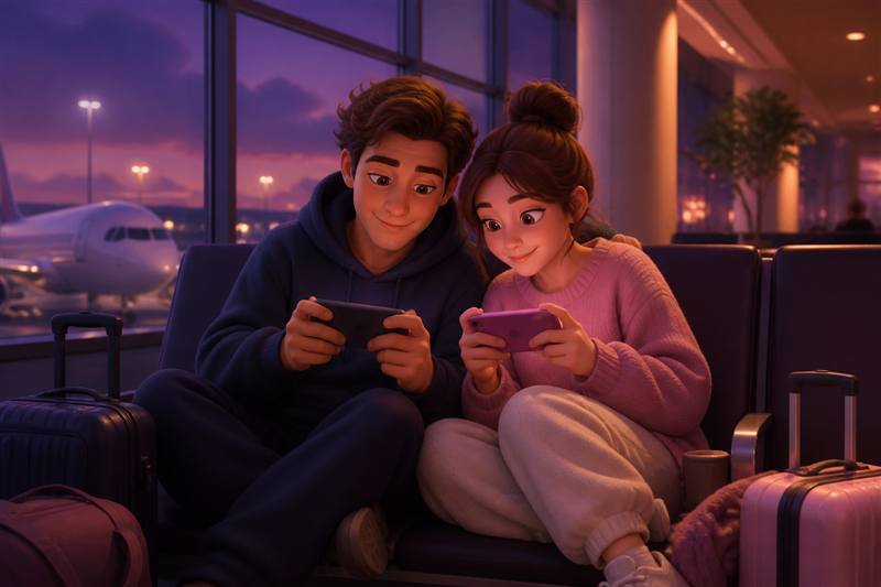 Couple sitting at an airport gate playing travel games on their phones