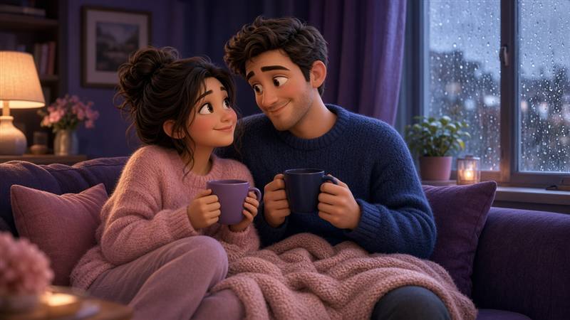 UK couple enjoying a cozy bank holiday weekend date at home with tea