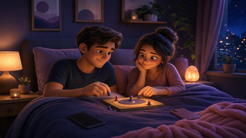 Couple playing a calm bedtime game together before sleep