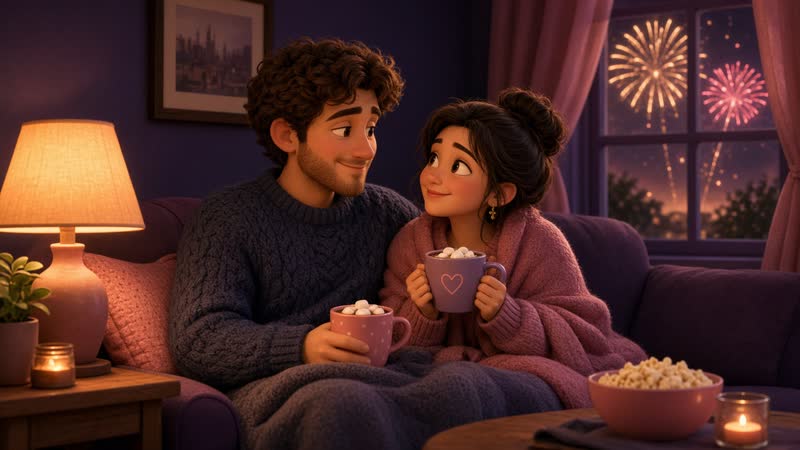UK couple enjoying a cozy Bonfire Night date at home with cocoa