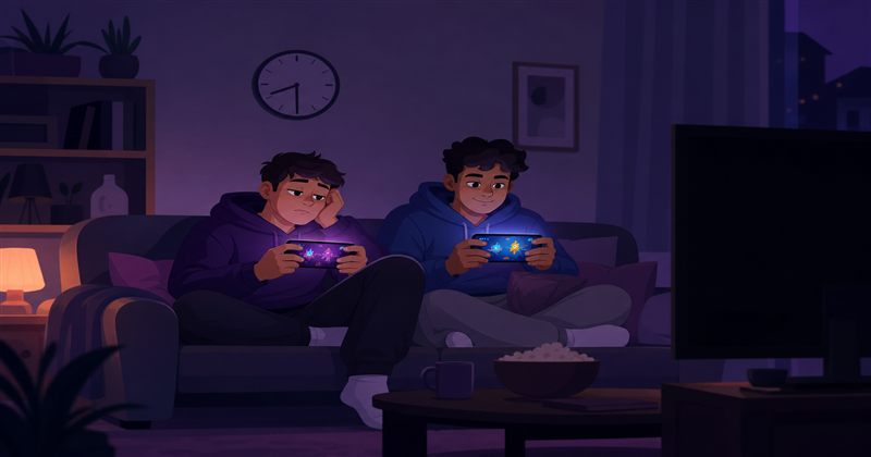 Two friends playing two-player games at home on a boring evening