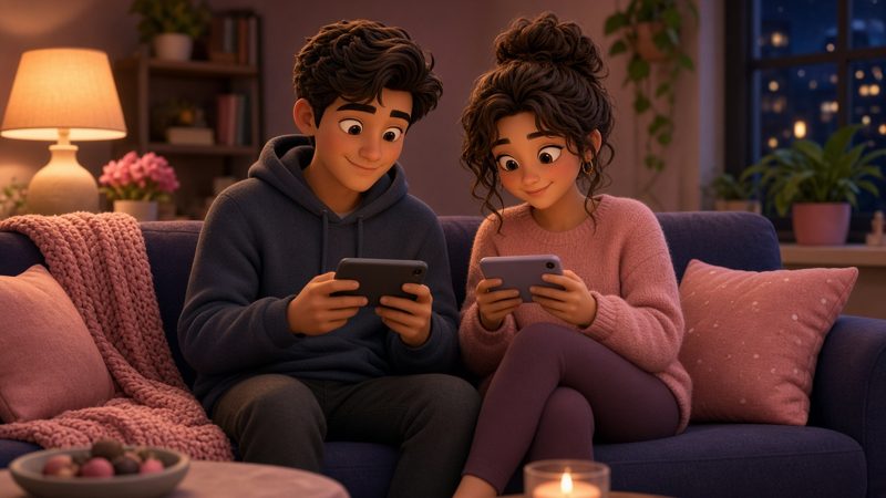 Couple on a couch playing browser date-night games on their phones
