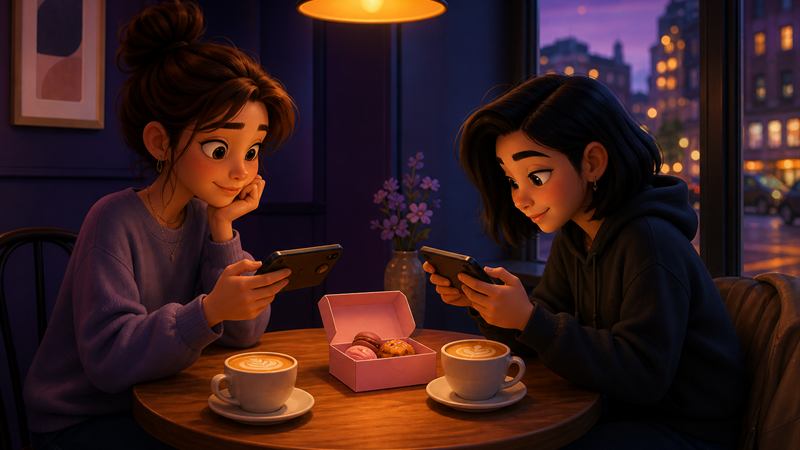 Two friends at a cafe table playing a quiet two-player game on their phones