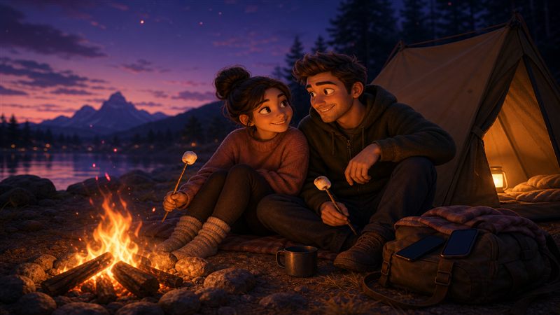 Couple playing a cozy game together by a camping tent and warm firelight