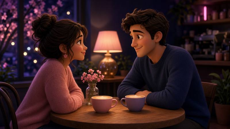 Couple on a coffee shop date talking over lattes at a small table