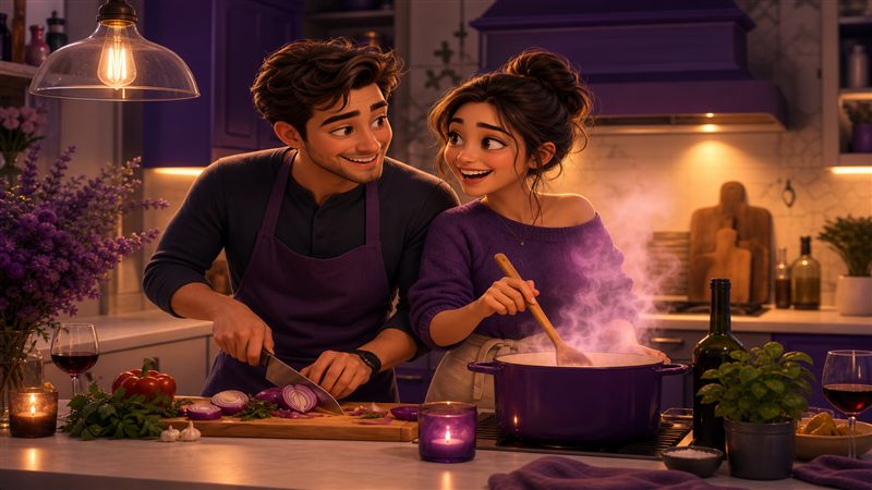 Couple cooking dinner together while playing a fun kitchen date game