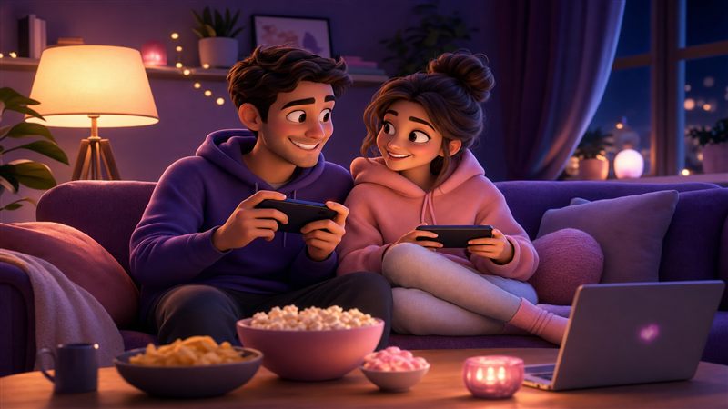 Couple hosting a cozy two-person game night at home with snacks