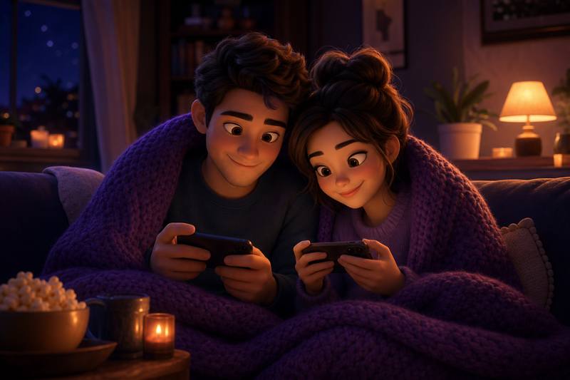 Couple wrapped in blankets playing cozy night-in games at home
