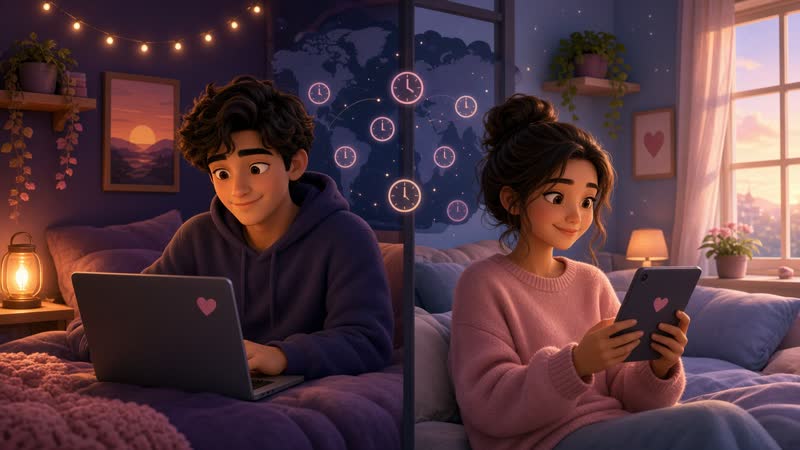 Long-distance couple connecting across different time zones on a video call