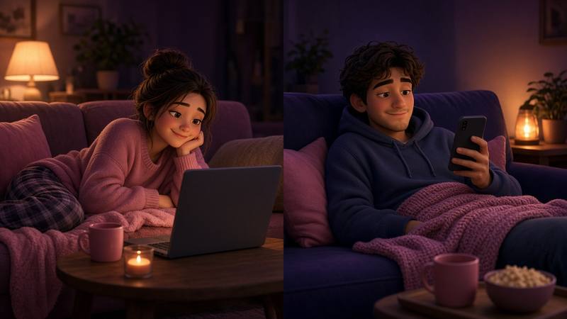 Tired couple on a low-energy FaceTime date from the couch