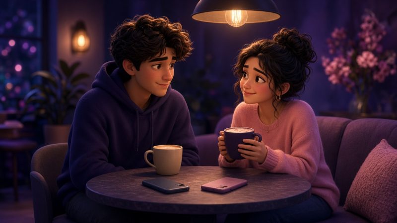 Two people on a calm first hang at a cafe after matching online