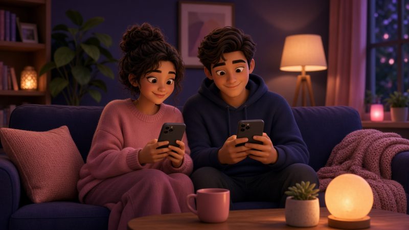 Couple on a couch playing a browser couple game on their iPhones