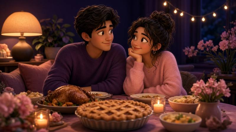 Couple hosting a cozy Friendsgiving dinner at home with pie on the table