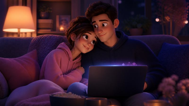 Couple reconnecting on the couch after an argument with a cozy game night vibe
