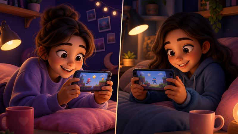 Two long distance friends playing an online game together on a video call from separate bedrooms