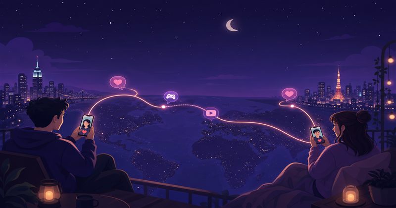 Long distance couple playing relationship games together on a video call