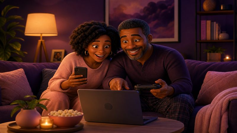 Married couple playing fun at-home games together on the couch
