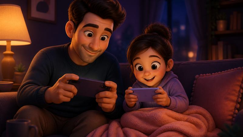 Parent and child playing a friendly two-player phone game together on the couch