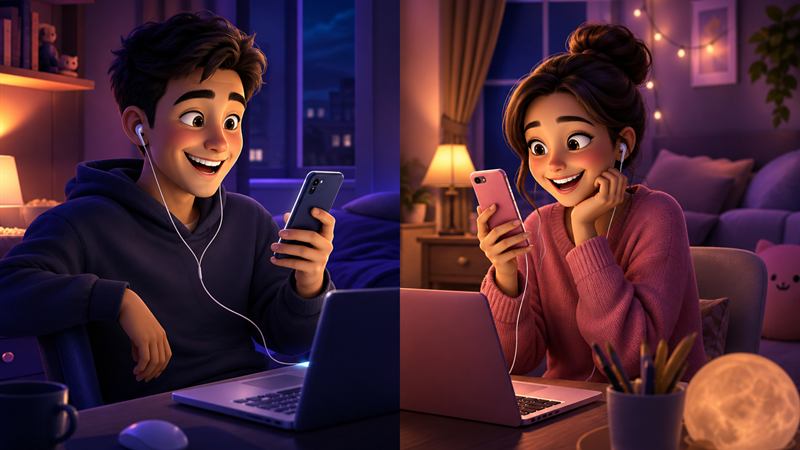 Brother and sister laughing while playing online games on phone and laptop