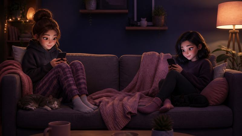 Two introverted friends playing a quiet game on the couch with phones in hand