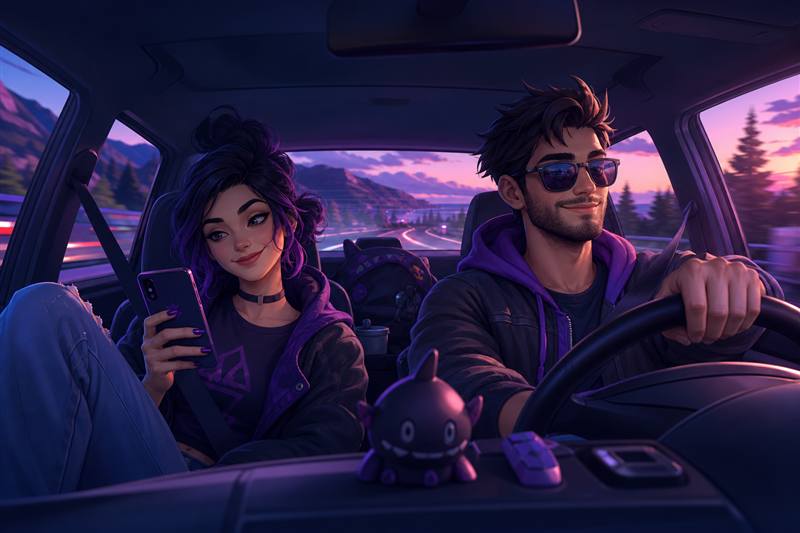 Couple playing games together during a car ride