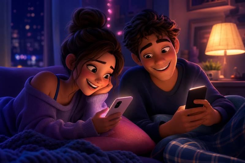 Couple sending playful Snapchat games to each other on their phones