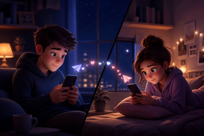 Couple playing Telegram chat games on their phones from different places