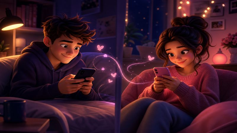 Two people smiling at their phones while texting playful crush games
