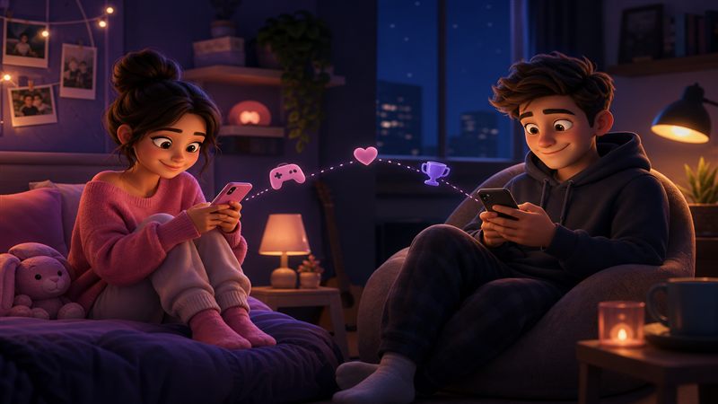 Couple laughing while playing fun texting games on their phones