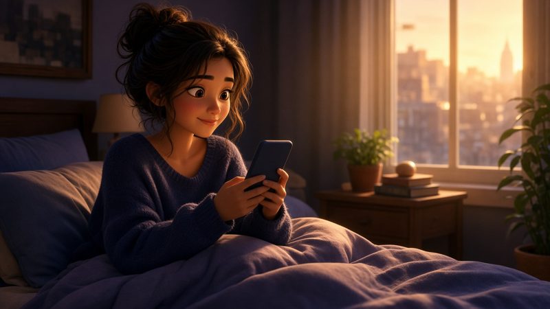Person sending a warm morning text in a sunny bedroom during a long-distance relationship