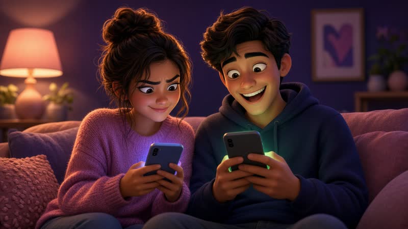 Couple texting across iPhone and Android with warm lamp light