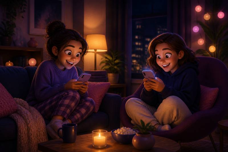 Friends smiling at their phones while playing group chat games together