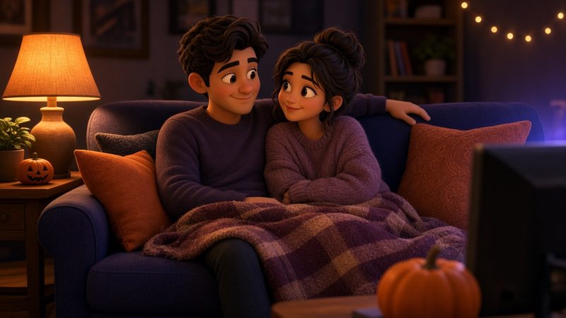 Couple watching a Halloween movie together on the couch at home