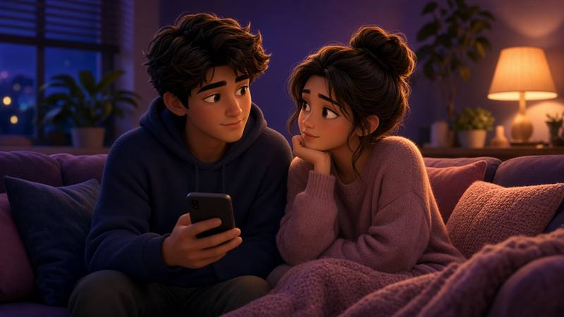 Couple on a couch calmly talking through defining their relationship with a phone nearby