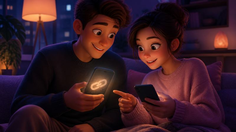 Two friends sharing a Curio invite link on their phones