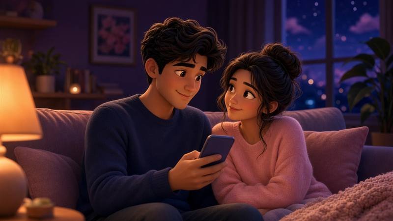 Couple on a couch softly sharing a phone Story with warm lamp light