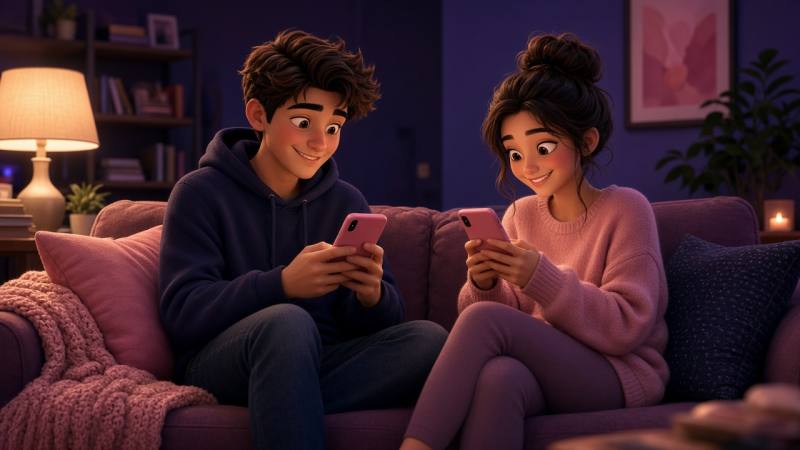 Couple on a couch texting playful iMessage games on their iPhones