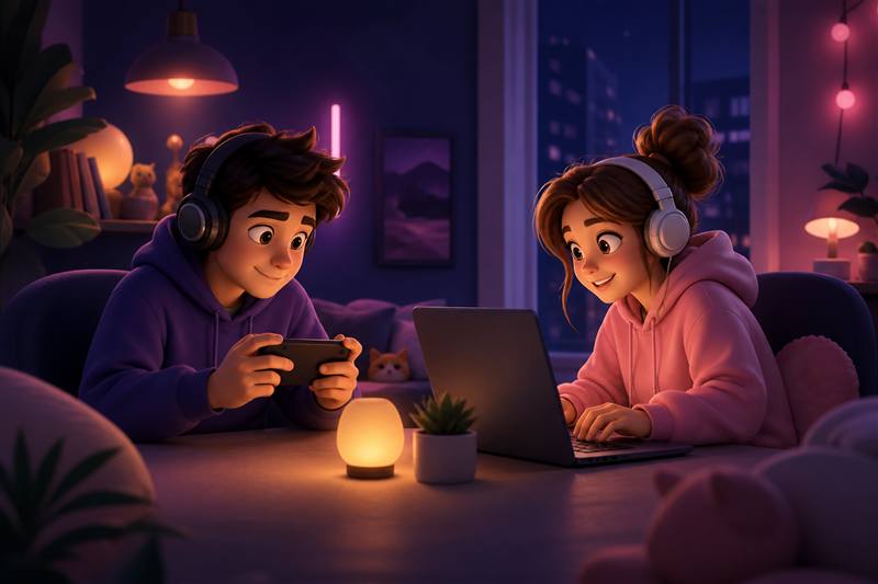 Two people playing free internet games together on phone and laptop