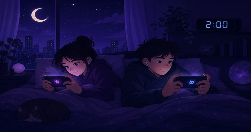Two people playing online games together late at night