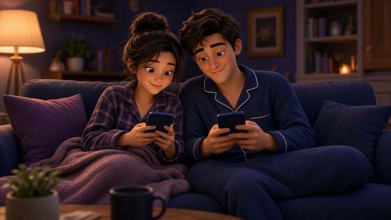 Couple in pajamas on a couch playing phone games on a lazy Saturday