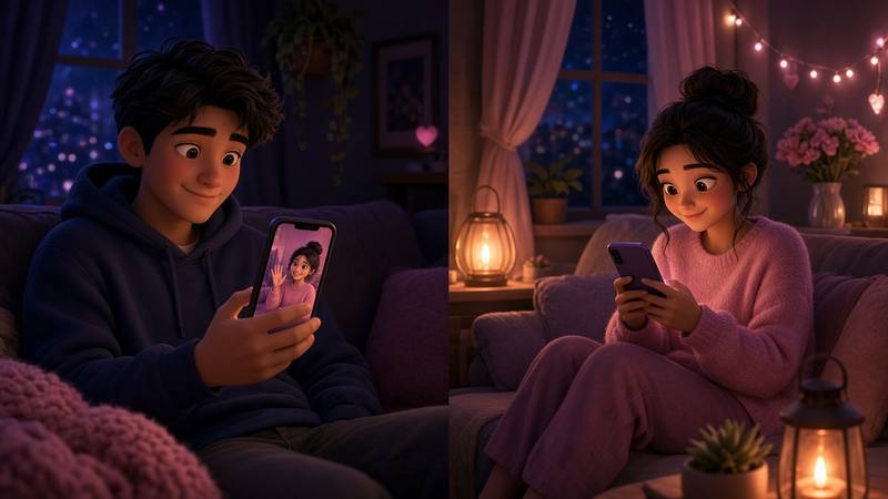 Long-distance couple on a planned FaceTime date from separate cozy rooms