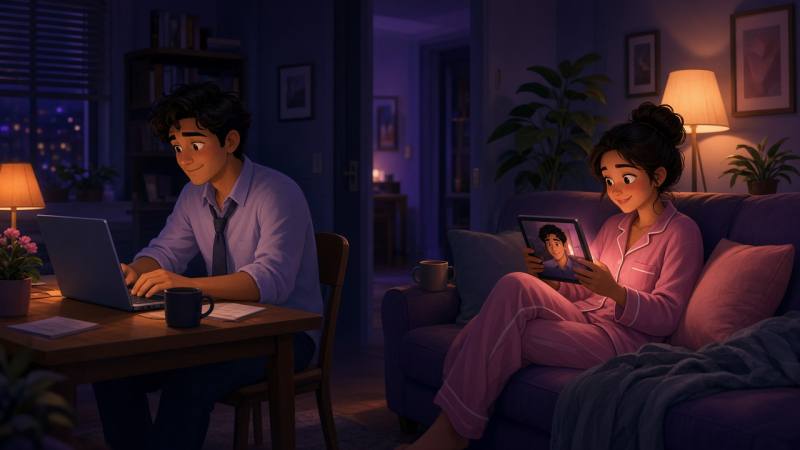 Couple with different work schedules staying connected by phone at night