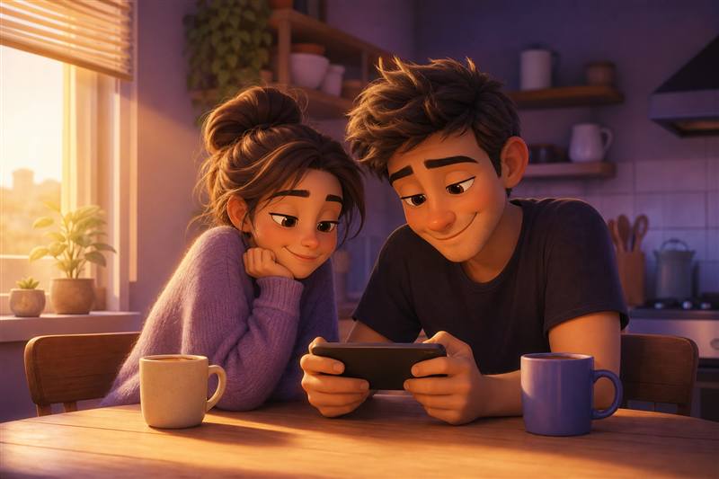 Couple playing short games together over morning coffee at home