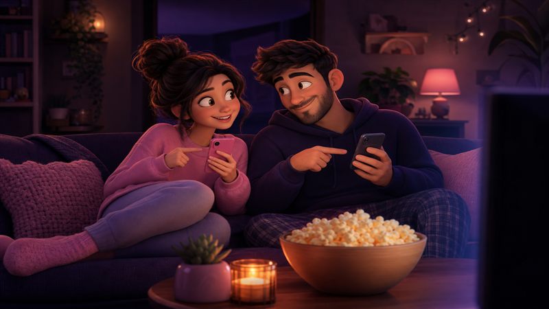 Couple playing pre-movie games together before a cozy movie night