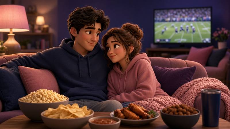 US couple enjoying an NFL Sunday date night at home on the couch