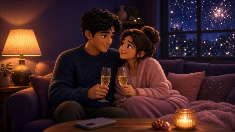 Couple celebrating a cozy New Year’s Eve date night at home on the couch