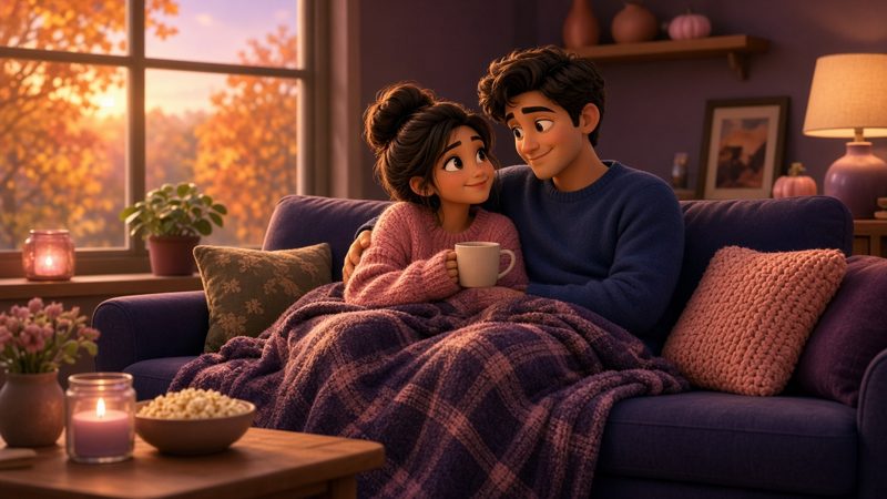 Couple on a cozy October evening date night at home with warm lamp light