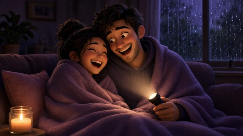 Couple on a couch by candlelight during a power outage date night